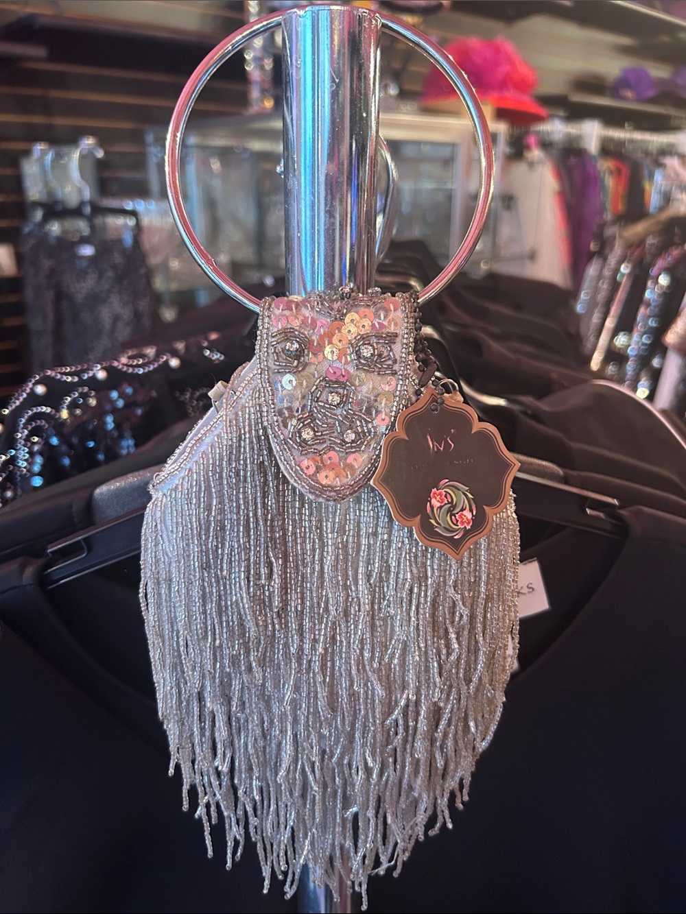 Beaded Fringe Keyring Wristlet - Silver